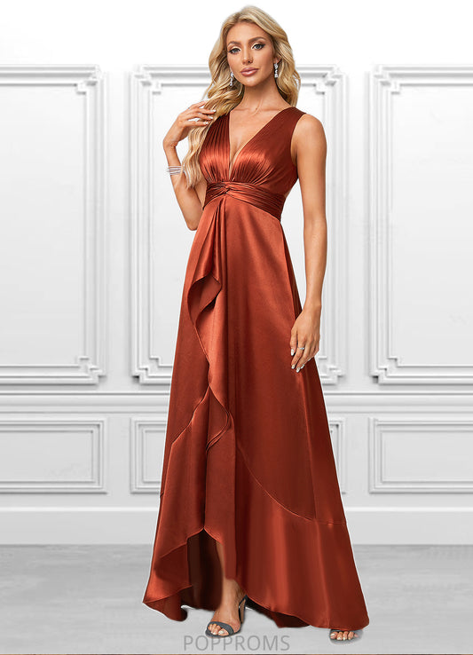 Irene A-line V-Neck Asymmetrical Stretch Satin Bridesmaid Dress With Ruffle PP6P0022606