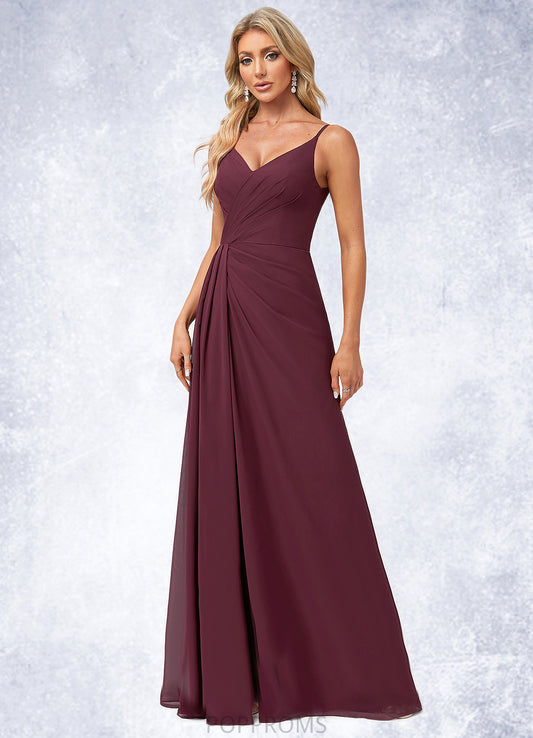 Emelia A-line V-Neck Floor-Length Chiffon Bridesmaid Dress With Ruffle PP6P0022611
