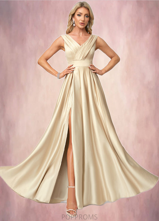 Zaria A-line V-Neck Floor-Length Satin Bridesmaid Dress PP6P0022612