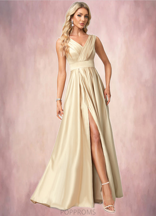 Zaria A-line V-Neck Floor-Length Satin Bridesmaid Dress PP6P0022612