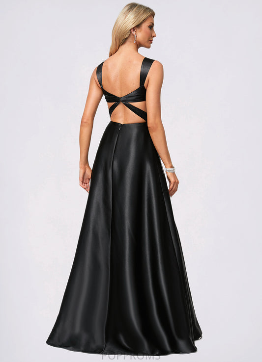 Mckenzie A-line V-Neck Floor-Length Stretch Satin Bridesmaid Dress With Bow PP6P0022615