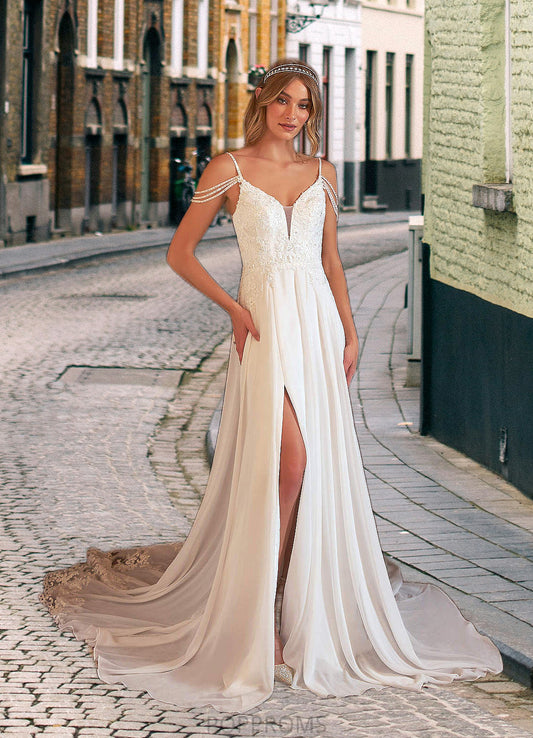 Zoe A-Line Sequins Chiffon Cathedral Train Dress Diamond White PP6P0022782