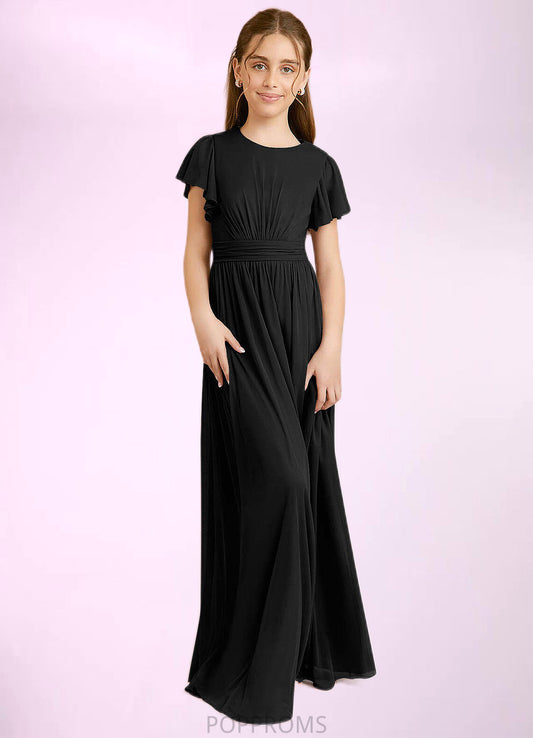 Danika A-Line Ruched Mesh Floor-Length Junior Bridesmaid Dress black PP6P0022857