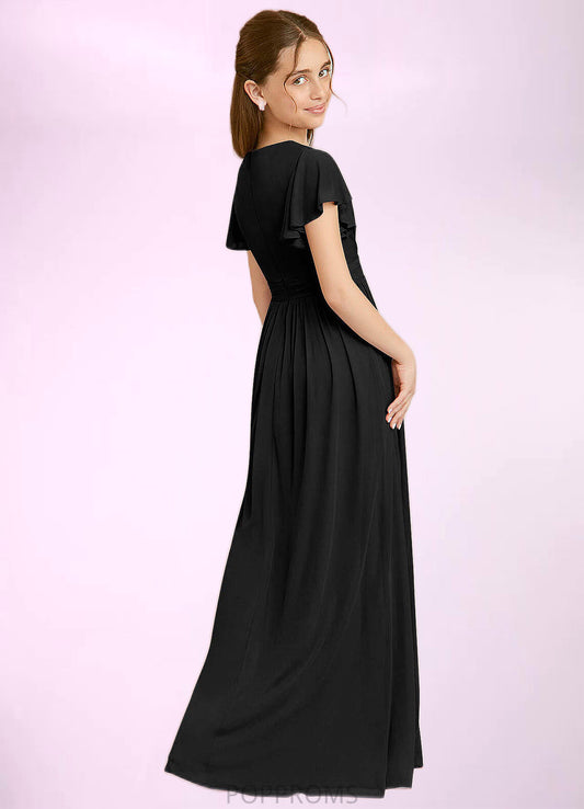 Danika A-Line Ruched Mesh Floor-Length Junior Bridesmaid Dress black PP6P0022857