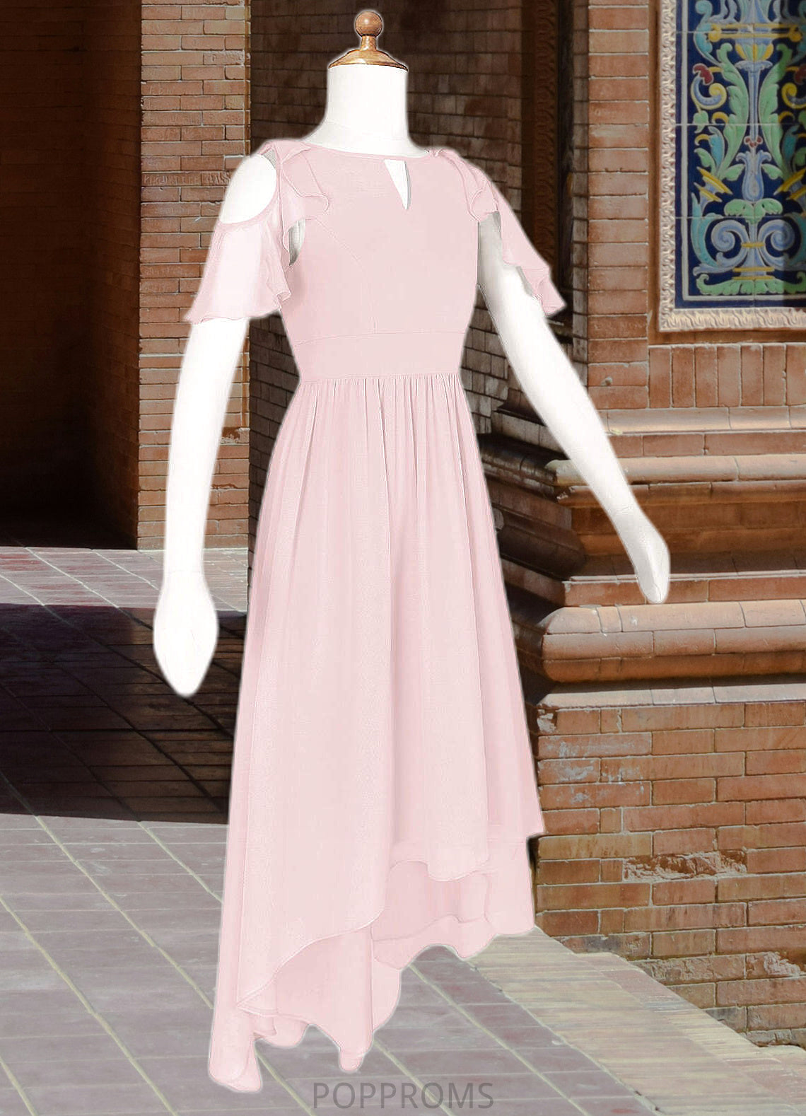 Jazmyn A-Line Ruched Chiffon Asymmetrical Junior Bridesmaid Dress Blushing Pink PP6P0022862