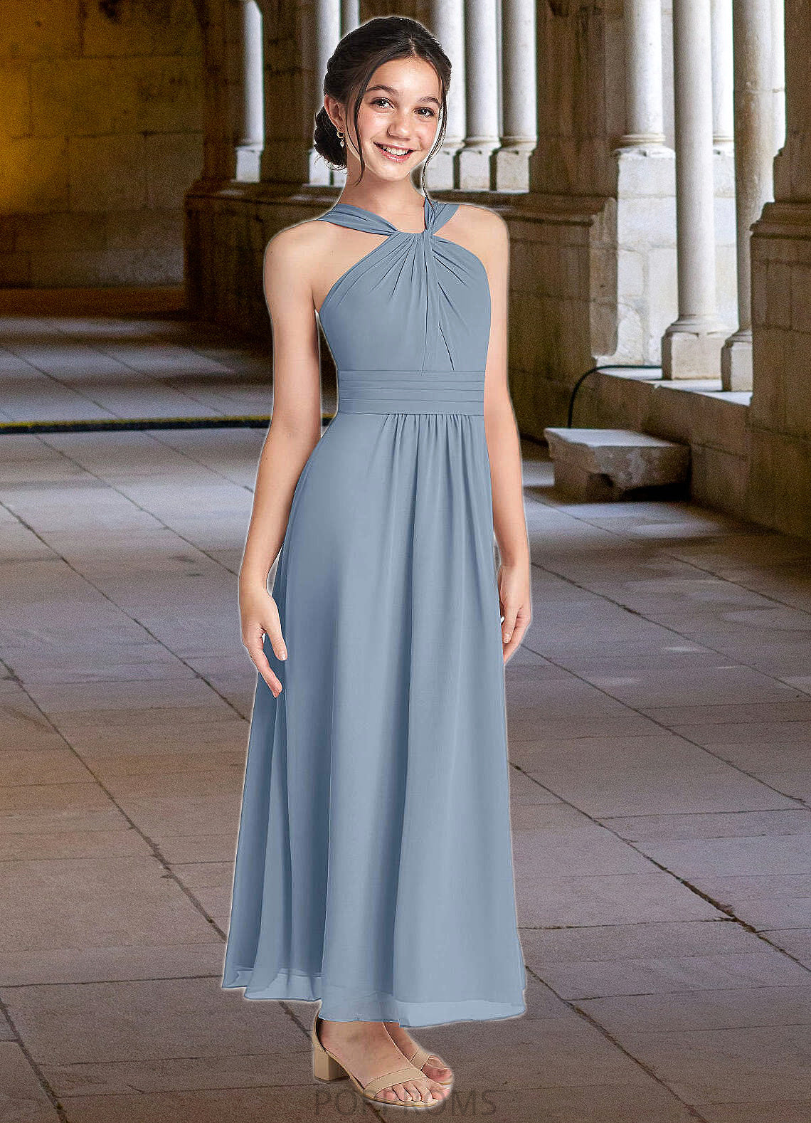 Parker A-Line Pleated Chiffon Ankle-Length Junior Bridesmaid Dress dusty blue PP6P0022866