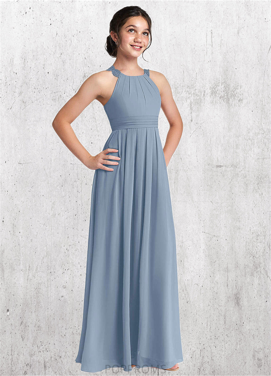 Melanie A-Line Lace Chiffon Floor-Length Junior Bridesmaid Dress dusty blue PP6P0022871