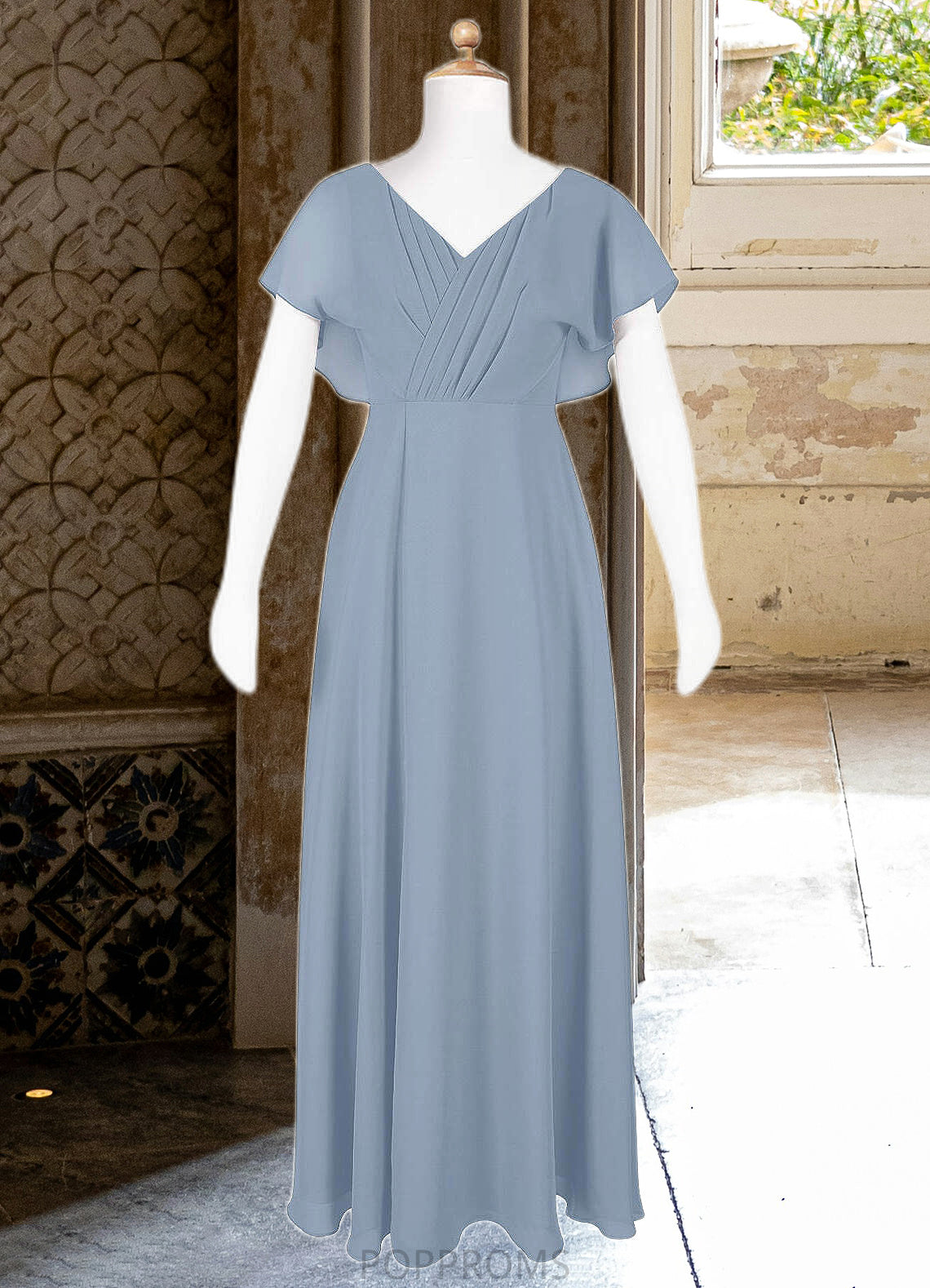 Charlee A-Line Ruched Chiffon Floor-Length Junior Bridesmaid Dress dusty blue PP6P0022872