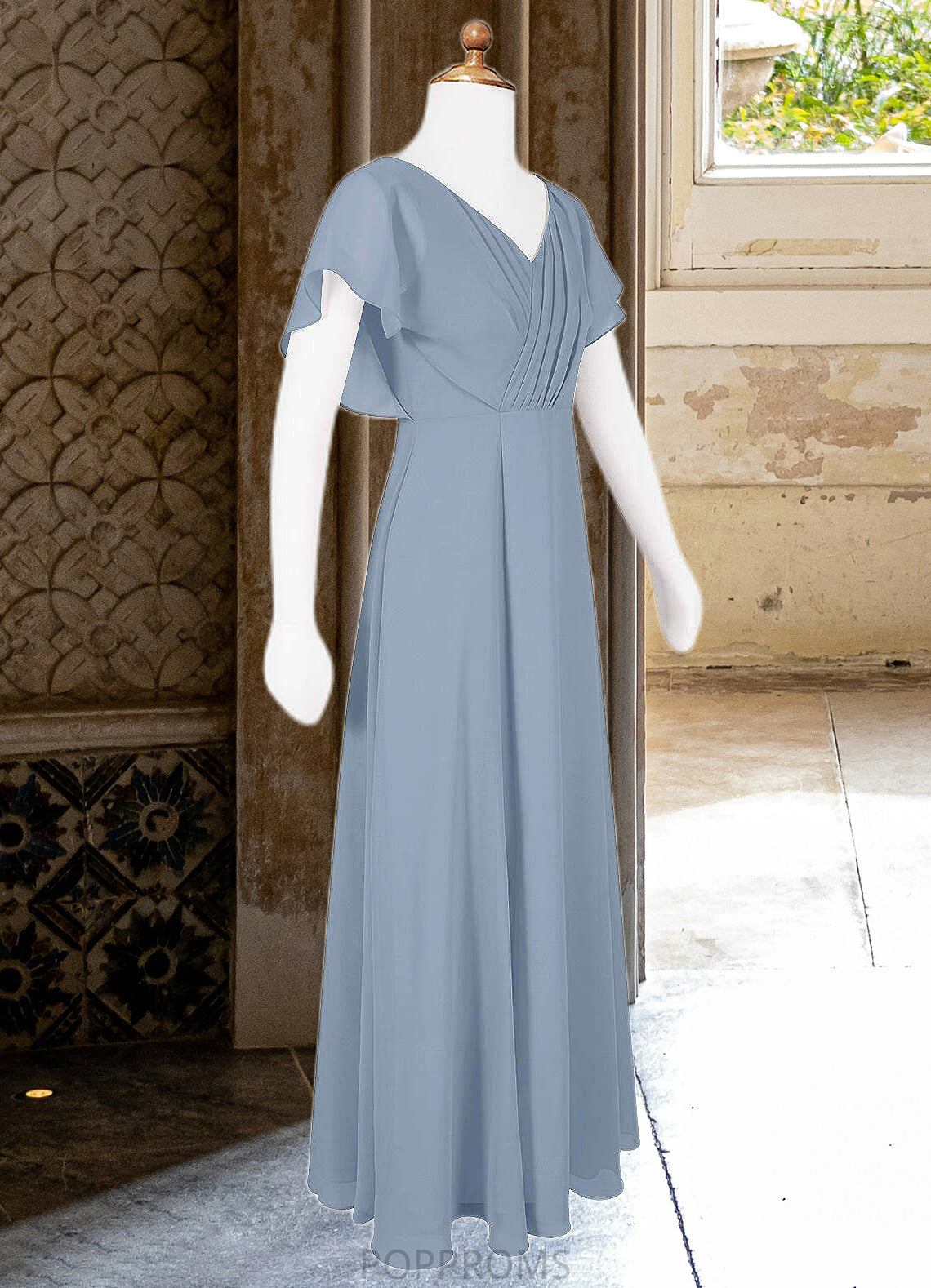 Charlee A-Line Ruched Chiffon Floor-Length Junior Bridesmaid Dress dusty blue PP6P0022872