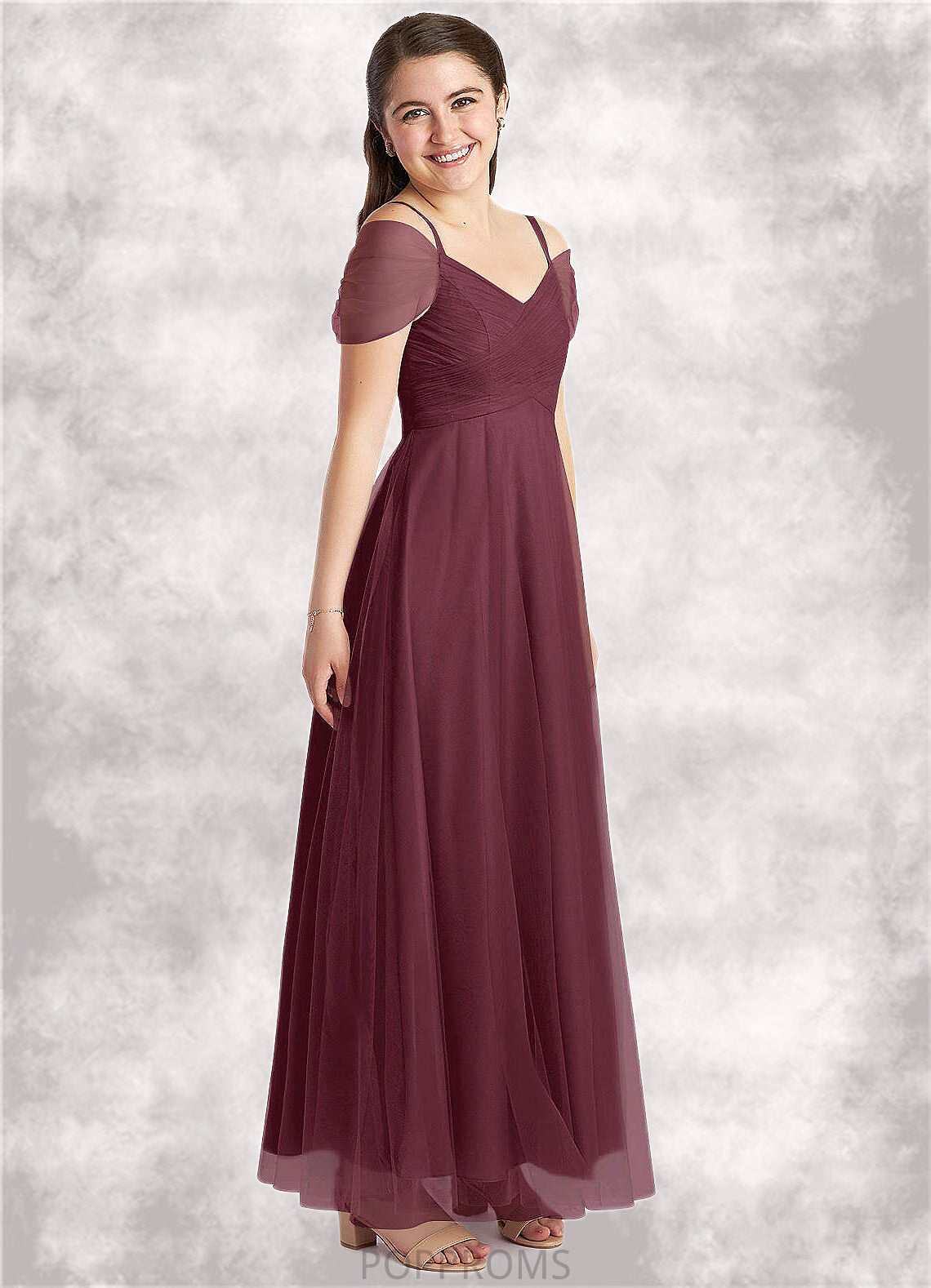 Laila A-Line Off the Shoulder Tulle Floor-Length Junior Bridesmaid Dress Cabernet PP6P0022873