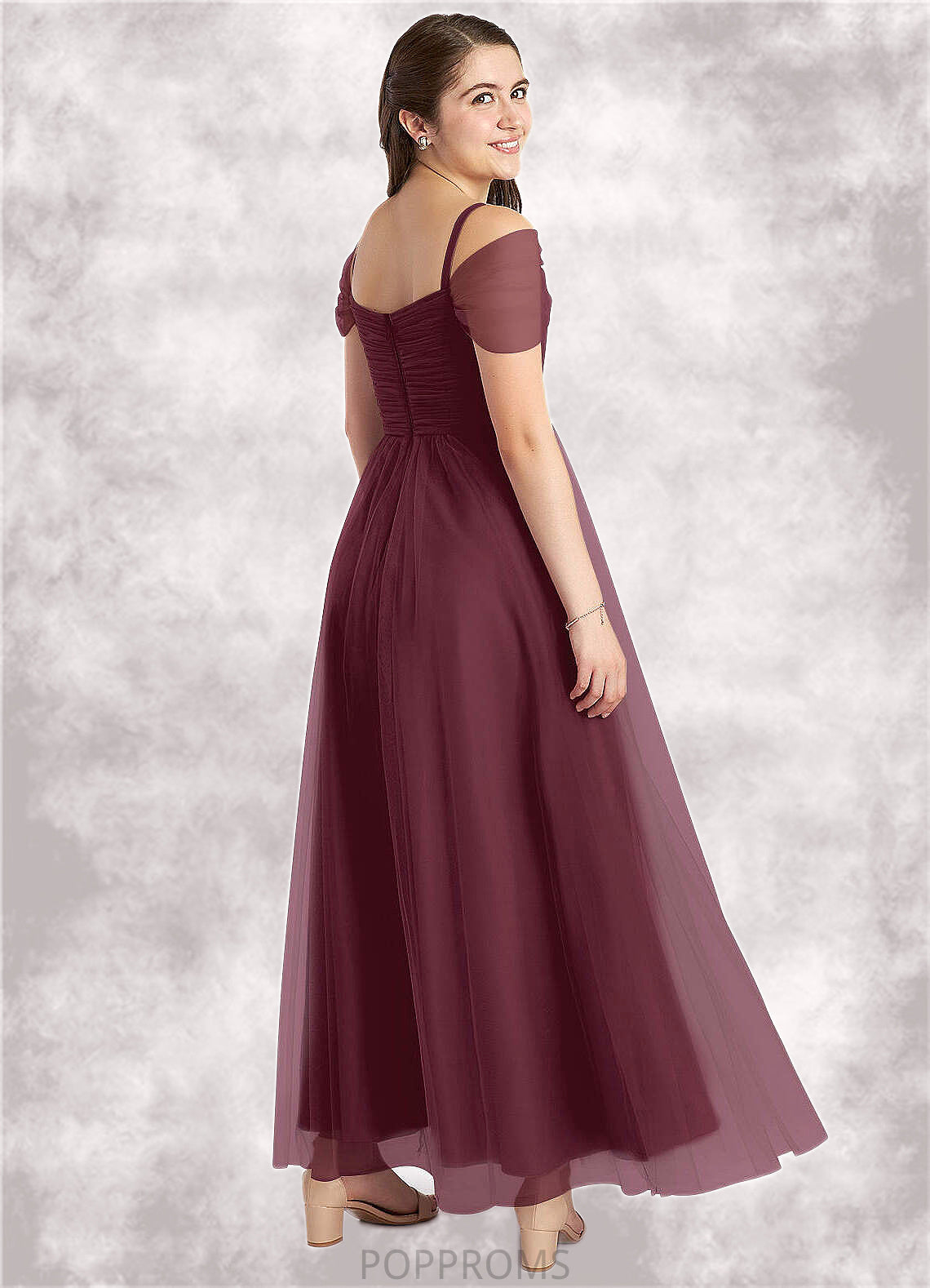 Laila A-Line Off the Shoulder Tulle Floor-Length Junior Bridesmaid Dress Cabernet PP6P0022873