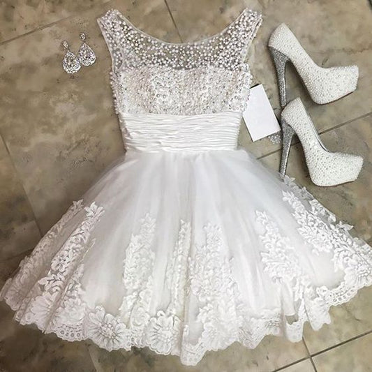 Princess/A-Line Crew Neck Kyleigh Lace Homecoming Dresses Short White Dresses With Beading Prom