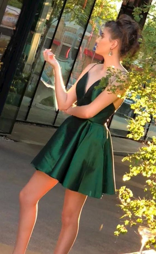 Deep V Neck Spaghetti Straps Short Karly Homecoming Dresses Satin Dark Green Pleated