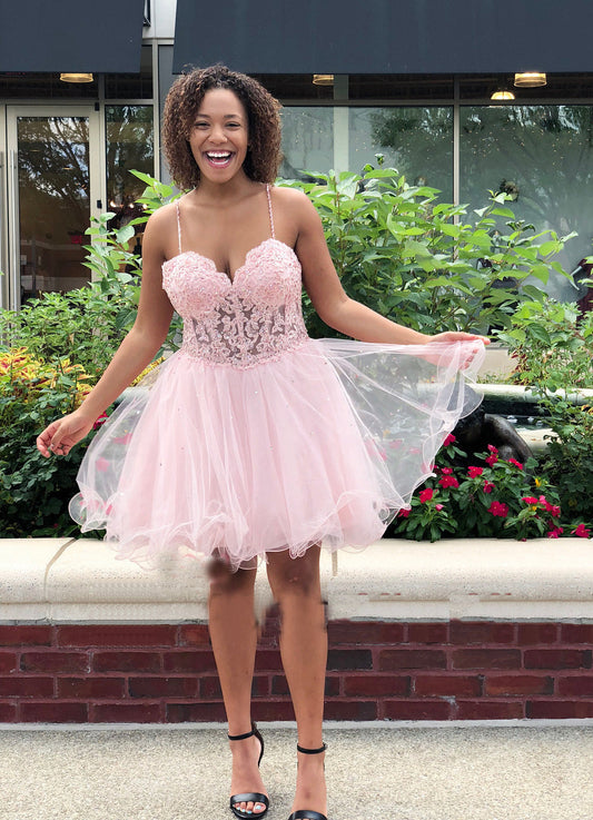 Spaghetti Straps Sweetheart Selina Lace Pink Homecoming Dresses A Line Organza Pleated Sexy