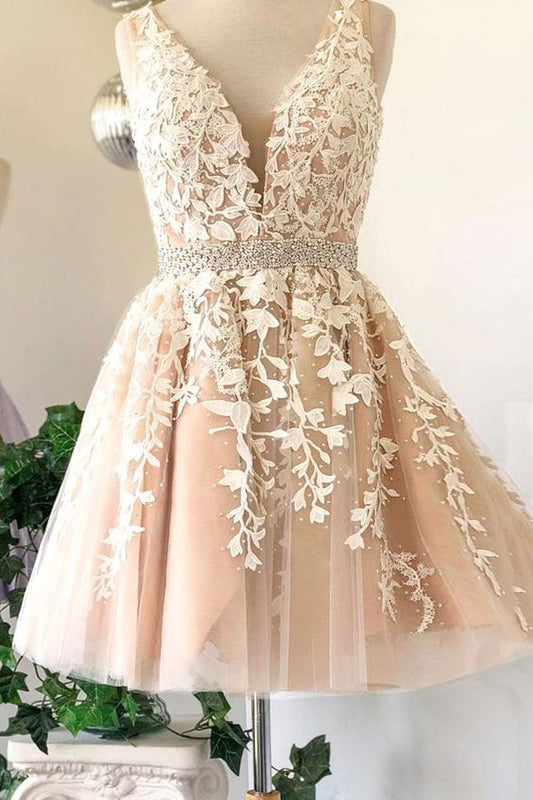 Deep V Neck Sleeveless Tulle Appliques Ivory A Line Henrietta Lace Homecoming Dresses Pleated