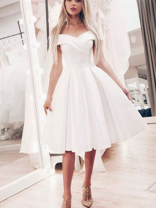 Audrey Satin A Line Ivory Homecoming Dresses Off The Shoulder Pleated Knee Length