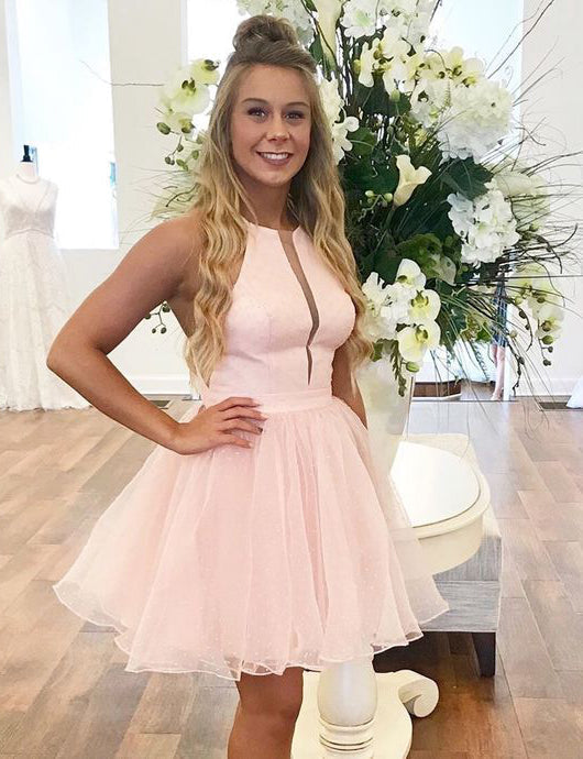 Halter Organza Short Pleated A Line Homecoming Dresses Pink Cameron Sleeveless Simple Elegant