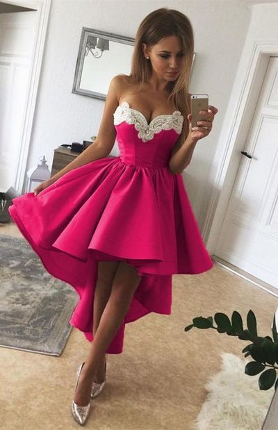 High Low Fuchsia Strapless A Line Rosa Homecoming Dresses Sweetheart Appliques Pleated