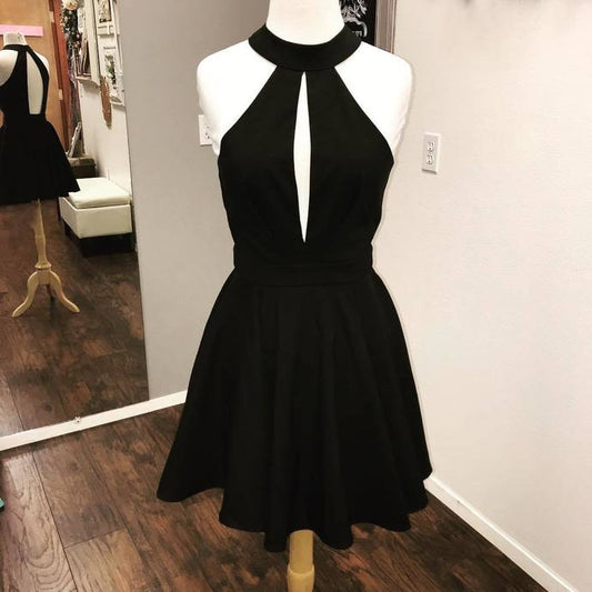 Halter Black Sleeveless Cut Out Pleated Backless Adeline Satin Homecoming Dresses A Line Short