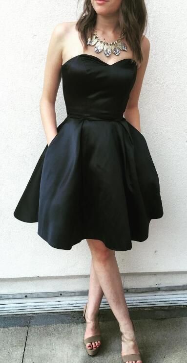Black Strapless Sweetheart Pockets Backless A Line Karissa Satin Homecoming Dresses Pleated