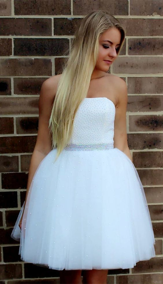 Strapless Ball Gown Tulle Yadira Homecoming Dresses Beading Short White Pleated Princess