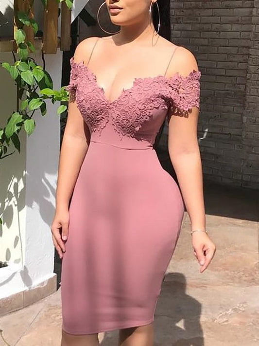 Dusty Homecoming Dresses Trinity Satin Rose Sheath Spaghetti Straps V Neck Off The Shoulder Appliques