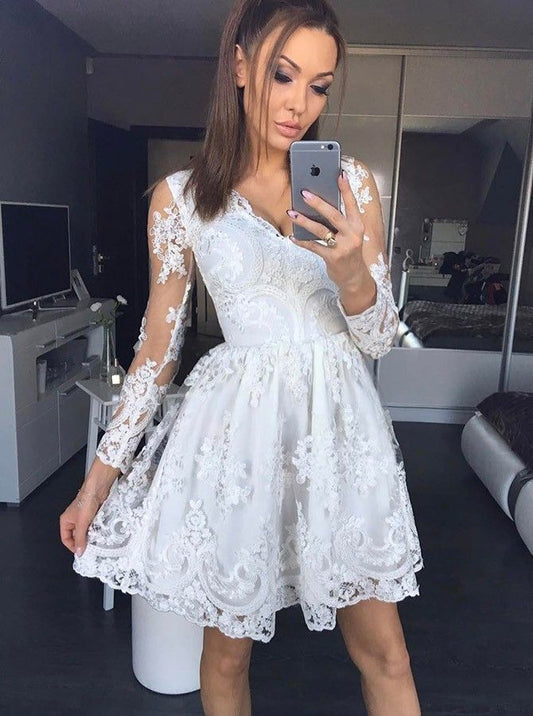 Long Sleeve White Deep V Neck Pleated Sheer Homecoming Dresses Itzel A Line Lace Short