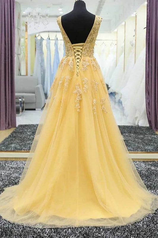 A-line V-neck Tulle Long Prom Dresses, Yellow Appliques Evening Dresses