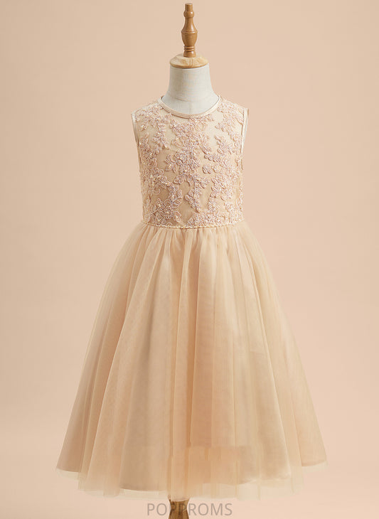 - Sleeveless Scoop Beading/Sequins Flower Tea-length Girl Flower Girl Dresses Dress Tulle/Lace A-Line With Neck Jacey