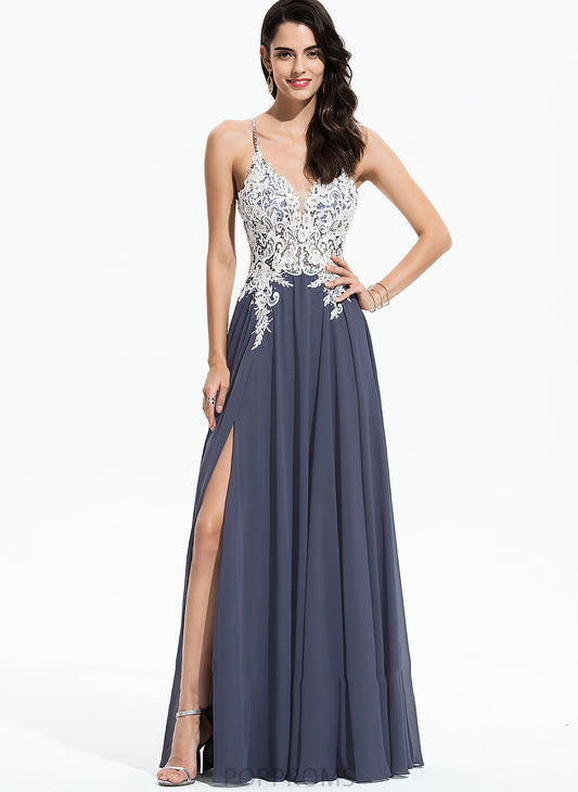 Zion Split A-Line With Front Lace Chiffon Sequins Prom Dresses Beading Floor-Length