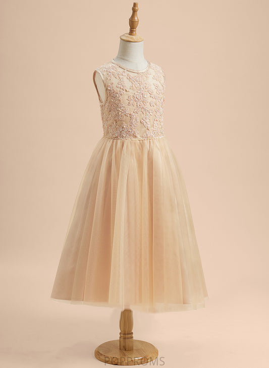 - Sleeveless Scoop Beading/Sequins Flower Tea-length Girl Flower Girl Dresses Dress Tulle/Lace A-Line With Neck Jacey