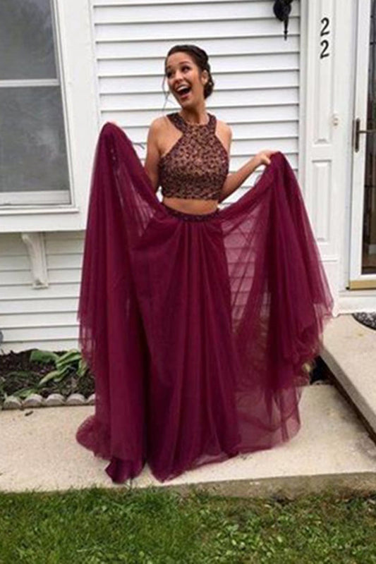 Burgundy Two Piece A Line Sweep Train Halter Sleevless Beading Prom Dresses