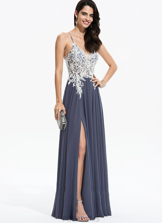 Zion Split A-Line With Front Lace Chiffon Sequins Prom Dresses Beading Floor-Length