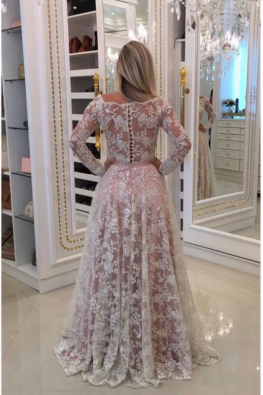 A Line Floor Length Off Shoulder Long Sleeve Lace Prom Dresses
