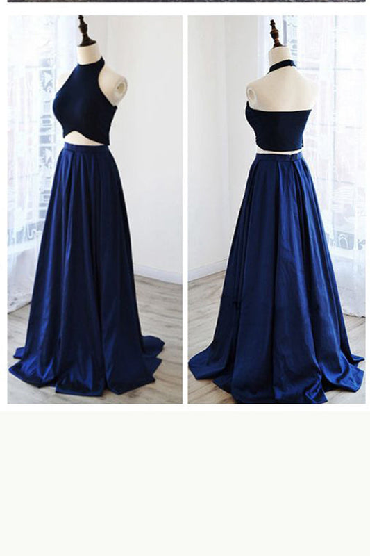 Royal Blue Two Piece A Line Sweep Train Halter Sleeveless Backless Prom Dresses