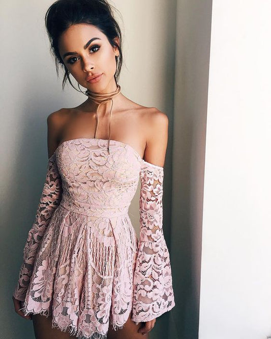A-Line Lace Kassandra Homecoming Dresses Cocktail Off-The-Shoulder Long Sleeves Short Blush 2024