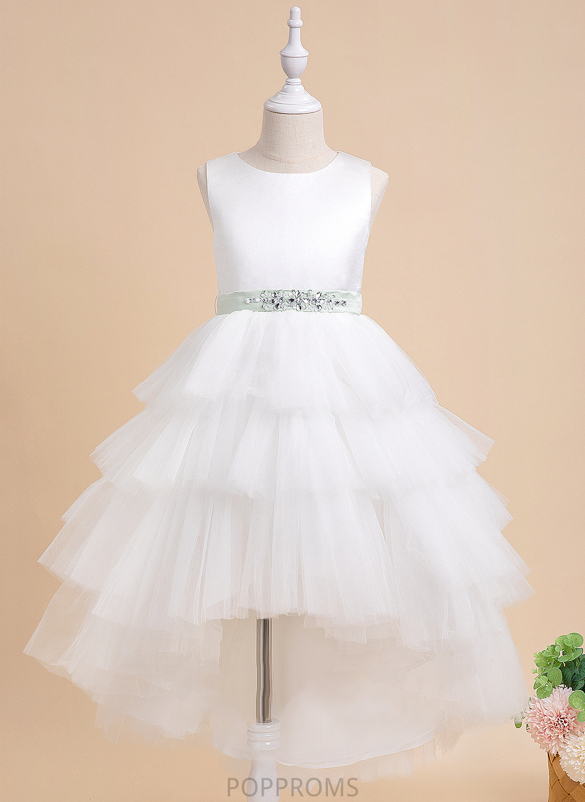 - (Detachable Sierra Dress Ball-Gown/Princess With sash) Sash/Beading Neck Sleeveless Asymmetrical Flower Girl Dresses Tulle Scoop Flower Girl