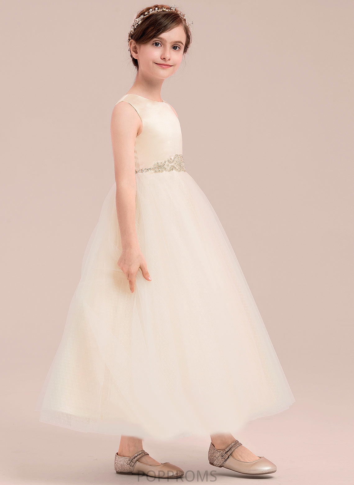 - Ankle-length Flower Neck Rylee Girl A-Line Flower Girl Dresses Beading Satin/Tulle Scoop With Sleeveless Dress