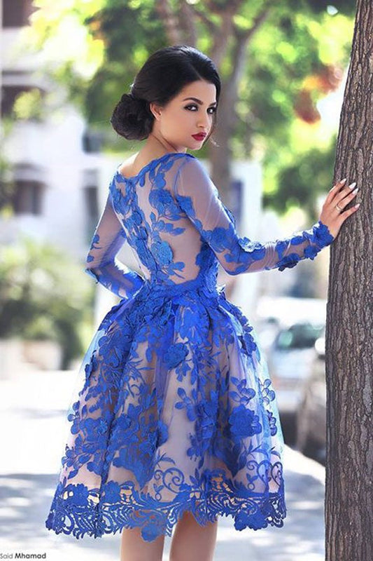 Princess/A-Line Homecoming Dresses Royal Blue Thalia Round Knee-Length Long Sleeves Dresses Prom