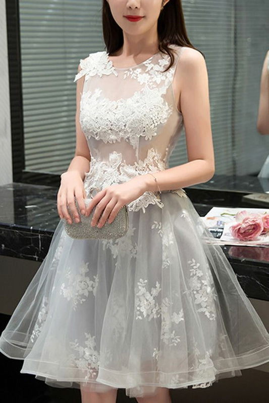 Katelyn Homecoming Dresses Princess/A-Line Jewel Sleeveless Light Gray Tulle Dresses With Appliques Prom