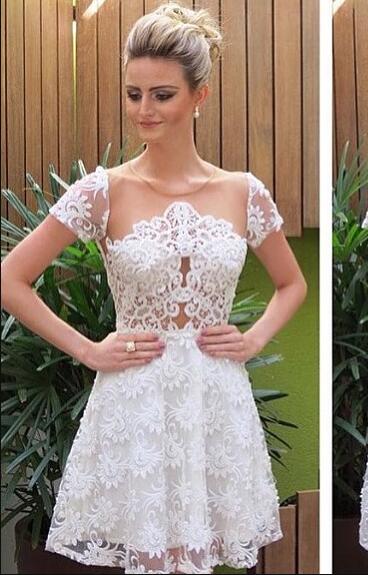 Princess/A-Line Homecoming Dresses Camila Lace Jewel Short Sleeves White Dresses With Illusion Back Prom