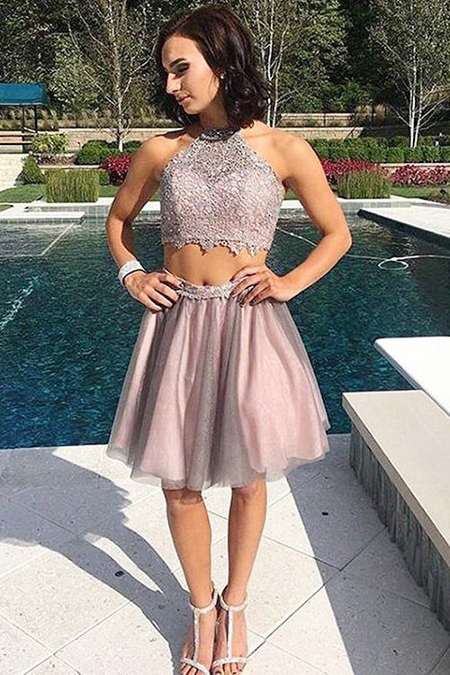 Two Piece Jewel Open Cailyn Homecoming Dresses Back Short Blush Tulle Dresses Prom