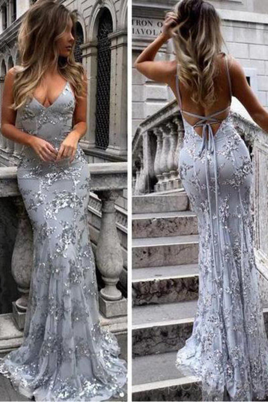 2024 Sexy Backless Gray Sequin Lace Mermaid Long Evening Cheap Prom DressesProm Dresses