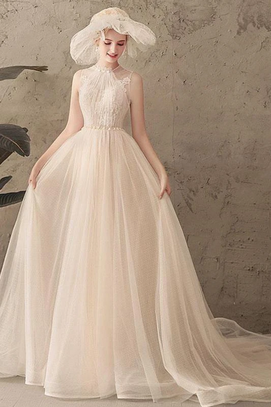 Ivory Jewel Sleeveless Tulle Wedding Dress With Lace, A Line Pleats Open Back Bridal Dress