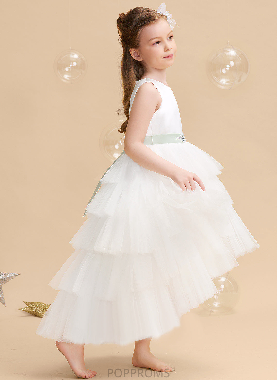 - (Detachable Sierra Dress Ball-Gown/Princess With sash) Sash/Beading Neck Sleeveless Asymmetrical Flower Girl Dresses Tulle Scoop Flower Girl