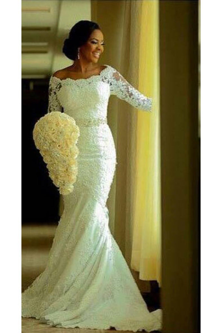 2024 Boat Neck 3/4 Length Sleeves Wedding Dresses Mermaid Tulle With Applique