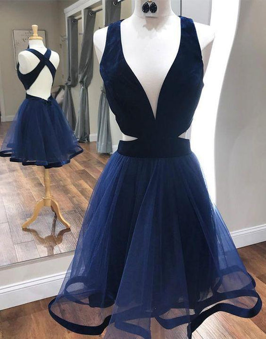 Deep V-Neck Sexy Dresses With Criss Homecoming Dresses A Line Averie Cocktail Cross Back Navy Blue XXA11695