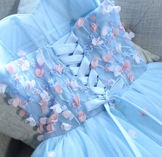 Light Blue Sweetheart Short Handmade Party Dress Alanna Homecoming Dresses Blue Flowers CD13080