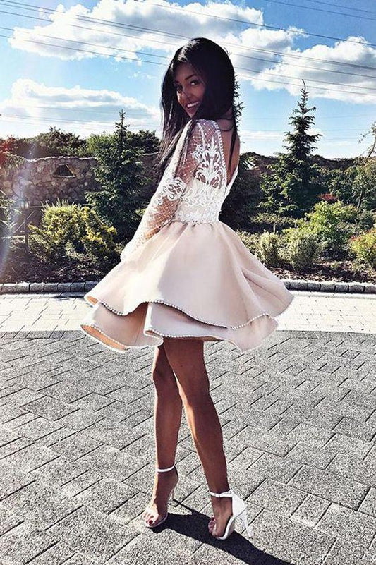 Cute Round Neck White Long Sleeves Homecoming Dresses A Line Lace Kenley Satin Champagne Short Quinceanera Dresses Short Party Dresses CD150