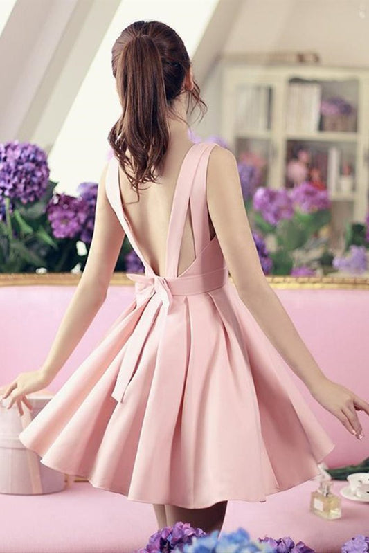 Cute V Neck Open Back Short V Neck Satin Adison Pink Homecoming Dresses Formal Graduation Evening Dress XXA22584